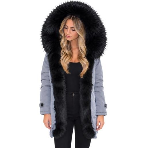 K-ZELL parka donna invernale con pelliccia nero eco giacca giubbotto piumino lungo grigio pelo extra volume imbottito caldo mod