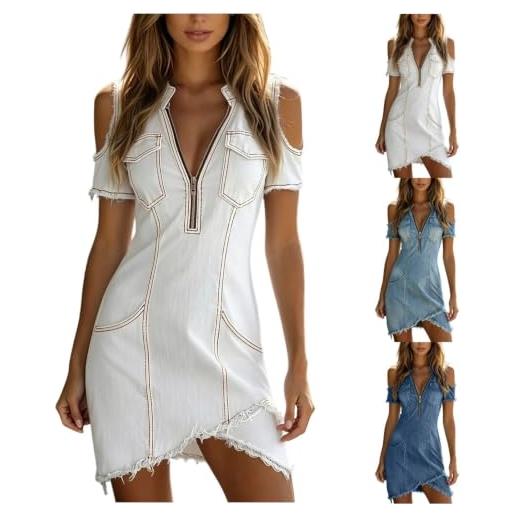Generico vestito jeans donna estivo corto vestiti in denim scollo a v spalle scoperte stile country western abito denim curvy con mezza zip e tasche elegante mini abiti a portafoglio trapezio abito da festival