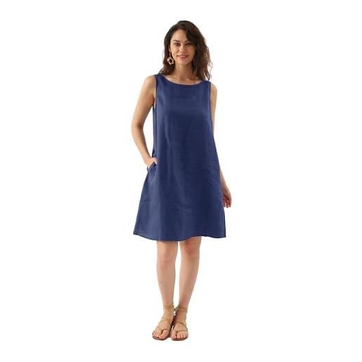 Amazhiyu abito in lino, da donna, senza maniche, estivo, da spiaggia, a linee a, da donna, estivo, midi, lunghezza al ginocchio, girocollo, per il tempo libero, con tasche, blu mare, l