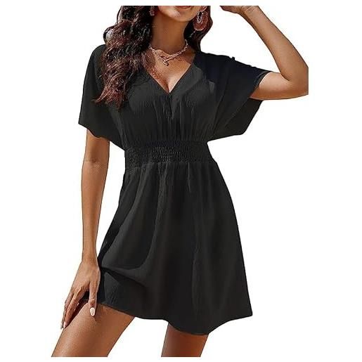 GIVTULIP abito estivo da donna casual vestito con scollo a v a maniche corte a volant abito da spiaggia bohémien abito linea ad a tinta unita abito abito da vacanza a linea prendisole s-l