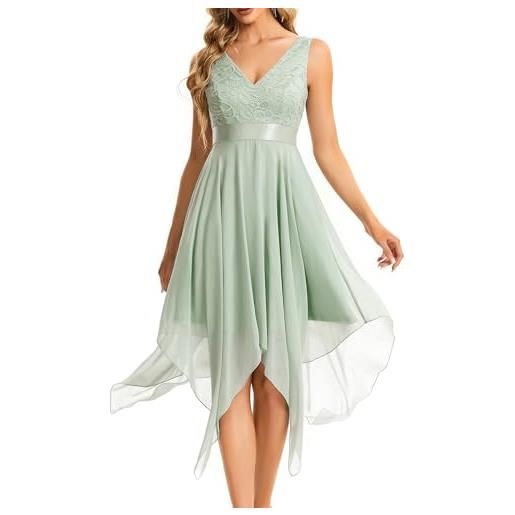 Ever-Pretty abiti da sera senza maniche con scollo a v stile impero linea ad a in pizzo chiffon al ginocchio con orlo asimmetrico da donna menta verde 36