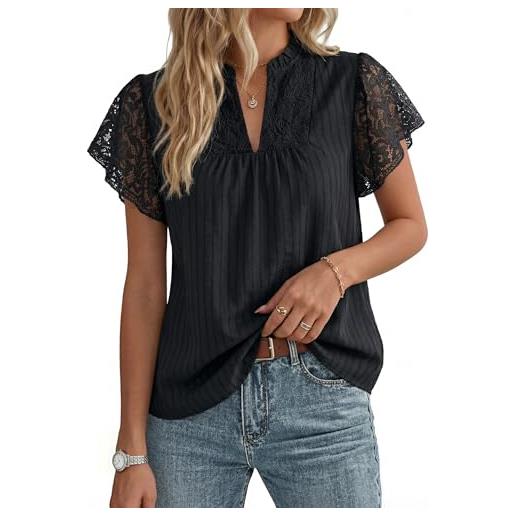 GRACE KARIN camicetta da donna in pizzo, in cotone, elegante, con scollo a v, a maniche corte, estiva