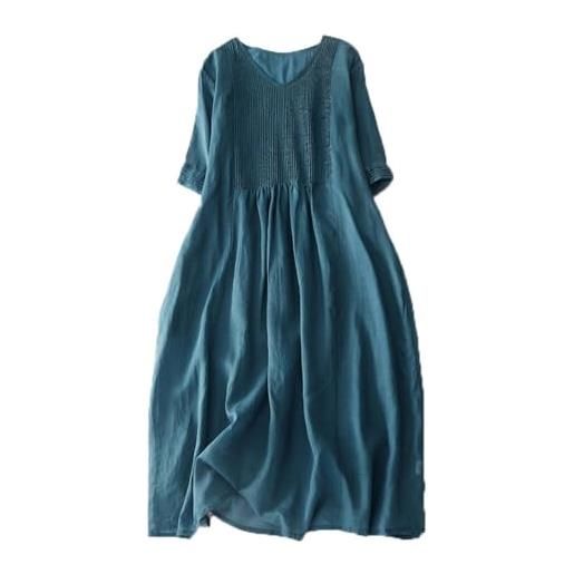 FM2018XSL vestito da donna estivo manica corta scollo v largo elegante abito midi con tasca vestito plissettato, l, blu lago