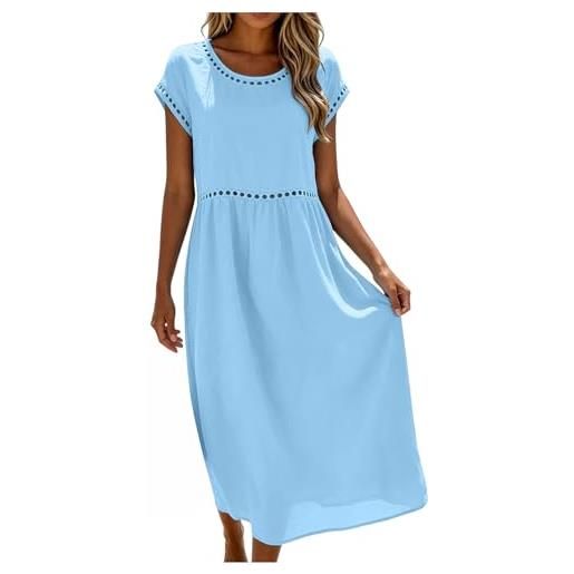 Generico abito lino donna abito estivo a maniche a 3/4 vacanza comodo taglie forti vestito lungo in cotone scollo a v largo vestiti da spiaggia vestito boho chic ideale per vacanze, lavoro e uso quotidiano