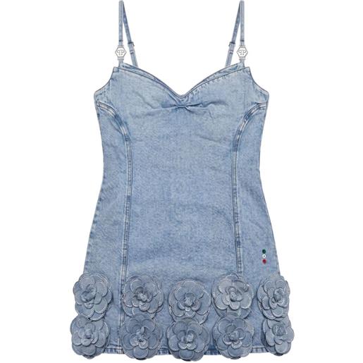 Philipp Plein abito corto denim con rose e strass - blu