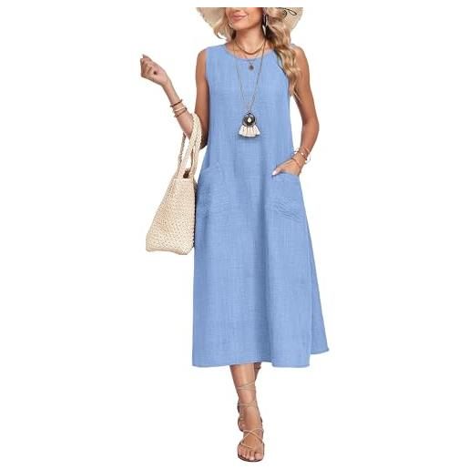 AUSELILY vestito estate donna maxi midi - abito lungo primavera estate senza maniche a scollo tondo con tasche - outfit spiaggia, vacanze, serata azzurro l