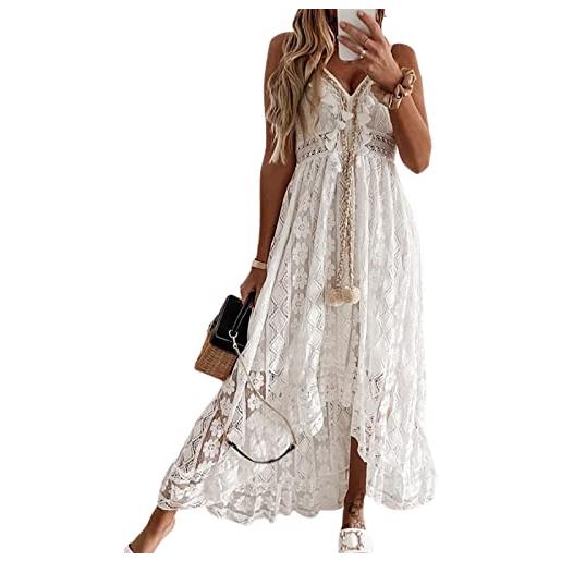 Cupshe, abito da donna bohémien in pizzo, svasato, con scollo a v, balze e nappe, adatto per la spiaggia, bianco, xl