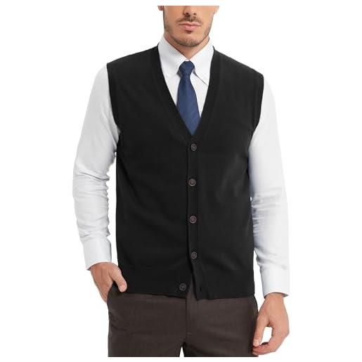 Kallspin gilet da uomo 100% cotone con scollo a v senza maniche con bottoni tinta unita casual gilet a maglia, nero , l