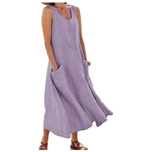 Generisch abito in lino da donna, senza maniche, in cotone e lino, largo, in tinta unita, per il tempo libero, a linee, casual, girocollo, da spiaggia, con tasche, viola. , xl