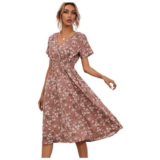 XIVISTO estivo vestito donna casual con scollo a v floreale abiti elegante manica corta elastica vita alta boemia vacanza abito
