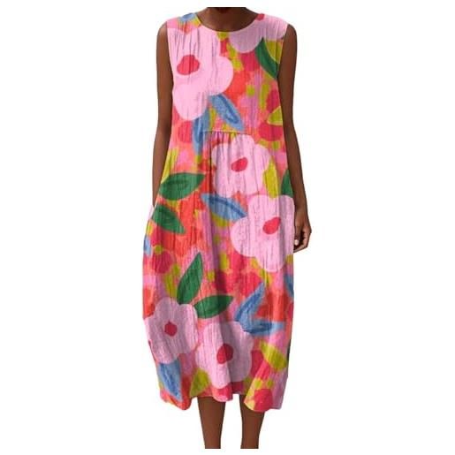 Mfhmom vestito donna estivo lino effetto pieghettato abito lungo senza maniche boho chic casual spiaggia vacanza stampe colorate girocollo comodo leggero midi gown