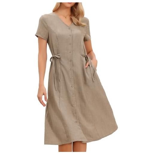 Allegra K donna abito midi in lino | abito estivo casual con bottoni scollo a v maniche corte vita legata lateralmente linea a due tasche laterali