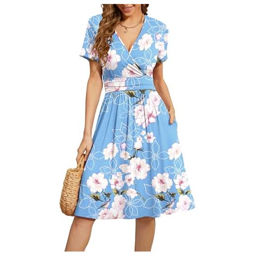 WEACZZY abito estivo da donna, a maniche corte, casual, con scollo a v, motivo floreale, con tasche, floreale azzurro. , m