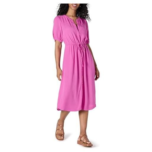 Amazon Essentials abito midi a trapezio con mezze maniche traspirante, con bottoni sul davanti, coulisse in vita e tasche, vestibilità comoda donna, rosa brillante, s