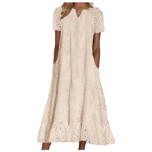 chouyatou abito estivo da donna con orlo a volant floreale in pizzo con occhielli, casual, scollo a tacca, abito midi a tunica con tasca