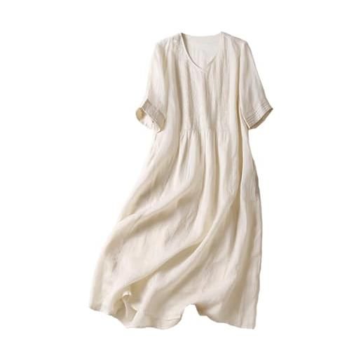 FM2018XSL vestito da donna estivo manica corta scollo v largo elegante abito midi con tasca vestito plissettato, m, albicocca