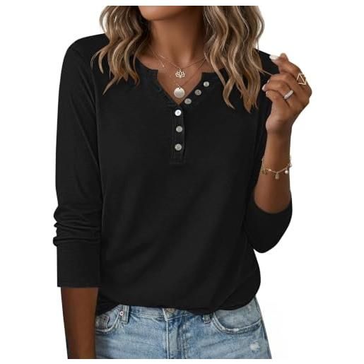 WNEEDU donna magliette maniche lunghe henley t-shirt bottoni scollo a v | camicetta a maglia, maglione facile da abbinare, blusa lunga, tunica leggera