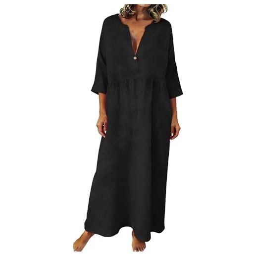 Generic dengjiamy - abito estivo da donna, in lino, a mezza manica, con scollo a v, svasato, maxi, lungo, da spiaggia, casual, classico, in tinta unita, nero , xl