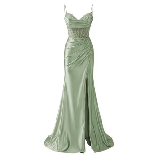 AHERKLL abiti da damigella d'onore con spalline sottili appliques in pizzo abiti da ballo con fessura formale da sera party maxi abito ah171, verde salvia, 44