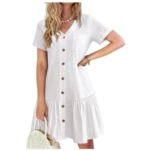 Hotouch abito donna in lino estivo camicetta con bottoni abito da spiaggia elegante manica corta tunica lunghezza al ginocchio bianco l