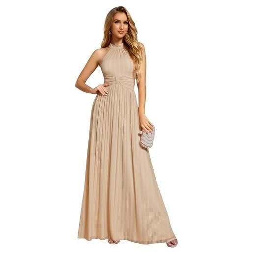Ever-Pretty abito da sera lungo per donna, scollo a barca, plissettato, senza maniche, vita alta, scintillante champagne 46