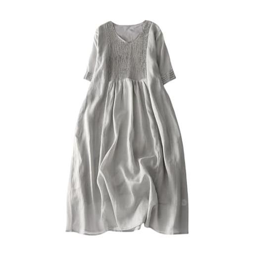 FM2018XSL vestito da donna estivo manica corta scollo v largo elegante abito midi con tasca vestito plissettato, m, grigio blu