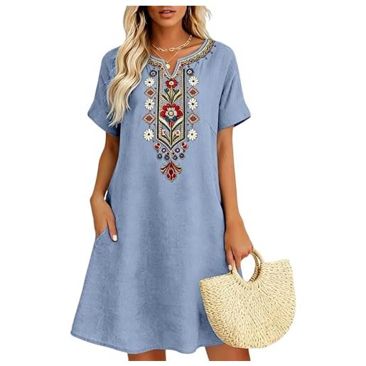 Chanpning vestiti estivi donna cotone lino ricamo floreale abiti boho chic dress vestito da mare elegante abiti cerimonia manica corta scollo a v al ginocchio vestito donna estivo corto casual