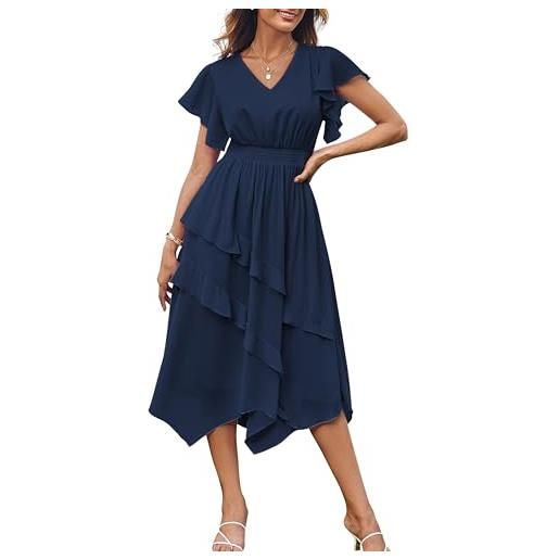 GRACE KARIN abito estivo casual da donna, con maniche a balze, linea ad a, in chiffon, irregolare, blu navy, l