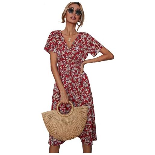 XIVISTO estivo vestito donna casual con scollo a v floreale abiti elegante manica corta elastica vita alta boemia vacanza abito