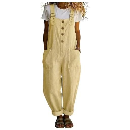 Onsoyours salopette donna in lino estiva casual pantaloni baggy oversize allentata tuta jumpsuit con tasca vestibilità ampia a giallo s