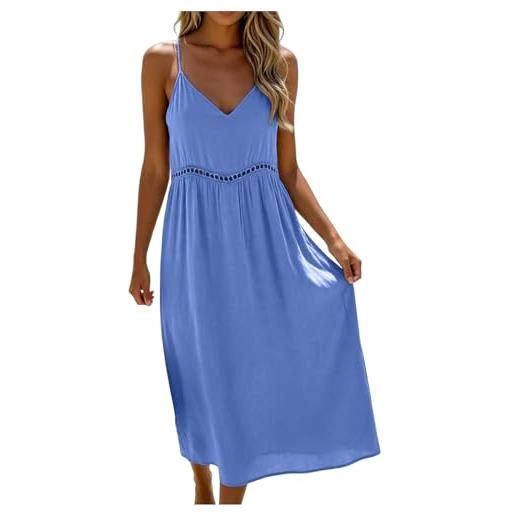 Generico abito lino donna estivo lungo maniche lunghezza al ginocchio casual da spiaggia leggero vestito donna estivo senza maniche scollo a v lino leggero, traspirante, per vacanze spiaggia casa tinta unita