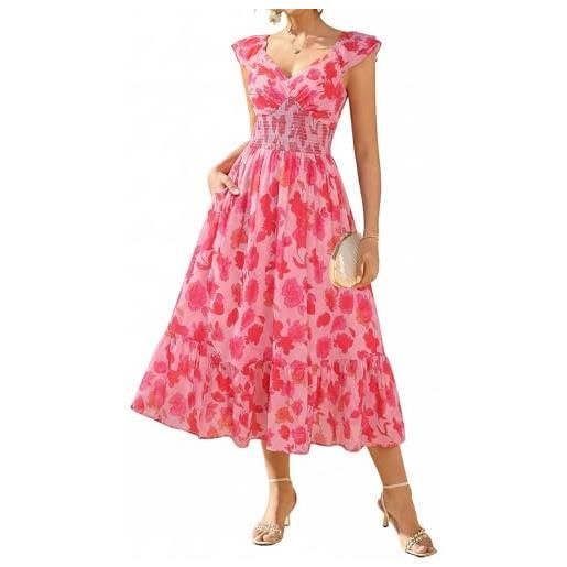 GRACE KARIN abito estivo da donna con tasche, scollo a v, maniche arricciate con punto smock, abito da donna uk, abiti da sposa per le vacanze, abiti da spiaggia boho, rosa-rosso floreale, xl