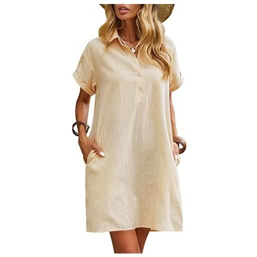 Zeagoo abito estivo da donna, in lino, casual, a maniche corte, da spiaggia, al ginocchio, con tasche, s-xxl, champagne, xl