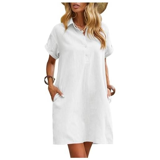 Zeagoo abito estivo da donna, in lino, lunghezza al ginocchio, casual, da spiaggia, a maniche corte, estivo, per il tempo libero, con tasche, bianco, s