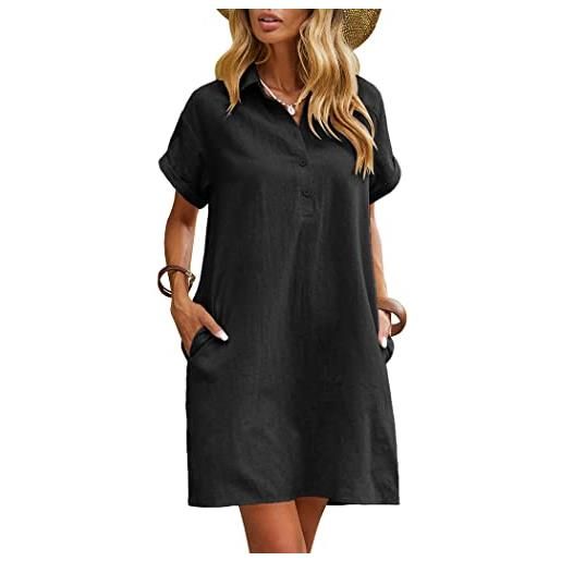 Zeagoo abito estivo da donna al 100% in cotone e lino, casual, lunghezza fino al ginocchio, a maniche corte, con tasche, da spiaggia