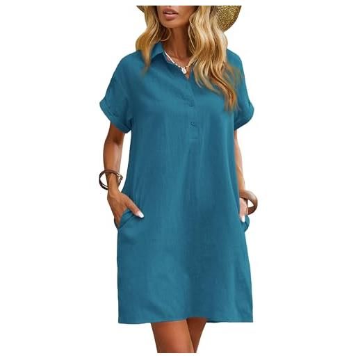 Zeagoo abito estivo da donna al 100% in cotone e lino, casual, lunghezza fino al ginocchio, a maniche corte, con tasche, da spiaggia