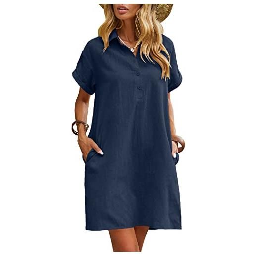 Zeagoo abito estivo da donna al 100% in cotone e lino, casual, lunghezza fino al ginocchio, a maniche corte, con tasche, da spiaggia, blu, l