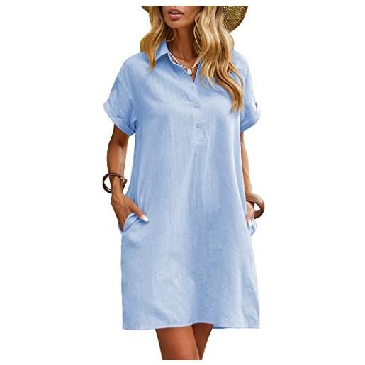 Zeagoo abito estivo da donna al 100% in cotone e lino, casual, lunghezza fino al ginocchio, a maniche corte, con tasche, da spiaggia, azzurro, xxl