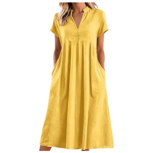 Generico abito donna estivo in cotone e lino - vestito lungo ampio con scollo a v, abito casual chic fluido leggero e comodo per mare vacanze quotidiano