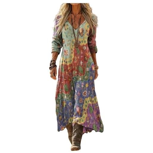 Gienslru vestito lungo donna estivo boho chic in lino effetto, maxi abito floreale vintage con scollo a v e maniche lunghe, elegante con tasche per mare vacanza cerimonia primavera estate taglie forti curvy