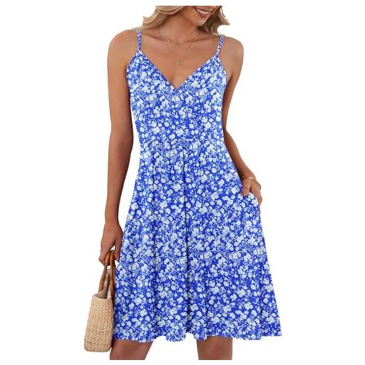 AUSELILY elegante abito estivo con cinturino a spaghetti donna senza maniche abito con tasche fiori blu l