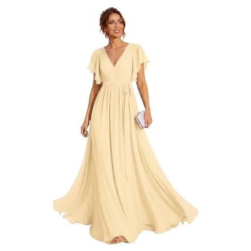 Ever-Pretty maxi scollo a v increspato busto chiffon abito da sera formale con maniche 0164a