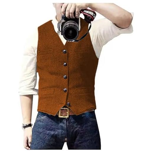 Solovedress gilet senza maniche da uomo, in lana e tweed, motivo a spina di pesce, scollo a v, per matrimonio/testimoni di nozze, arancione, xl
