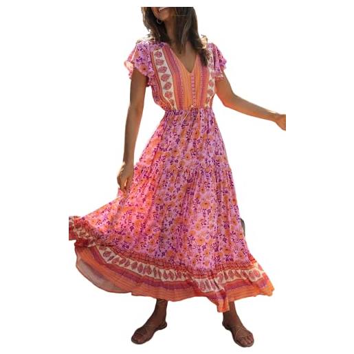 R.Vivimos donna vestiti lungo estivo boho floreale maxi abito elegante scollo a v maniche corte abito casual vacanze(m, arancione rosa)