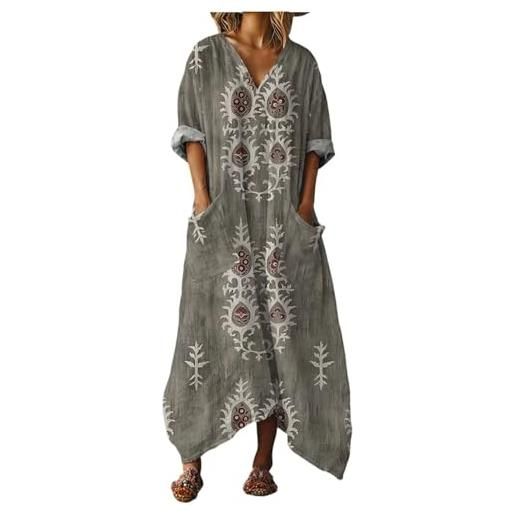 Mfhmom vestiti donna estivi taglie forti curvy abito lungo lino e cotone con tasche scollo v bohemien traspirante vestito estivo donna largo comodo abbigliamento primavera spiaggia