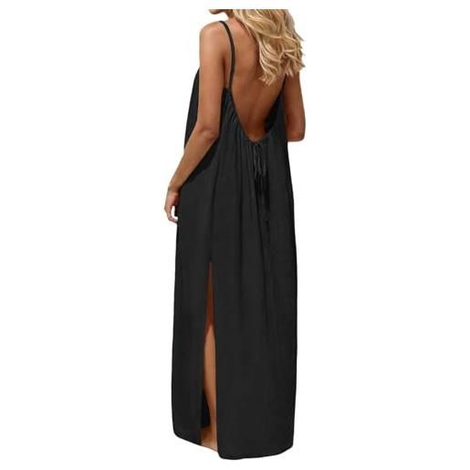 hehiy vestiti estivi donna di lino con schiena scoperta vestito da spiaggia boho chic abito lungo con spalline sottili elegante abiti cerimonia donna caftano scollato senza maniche taglie forti con cordino