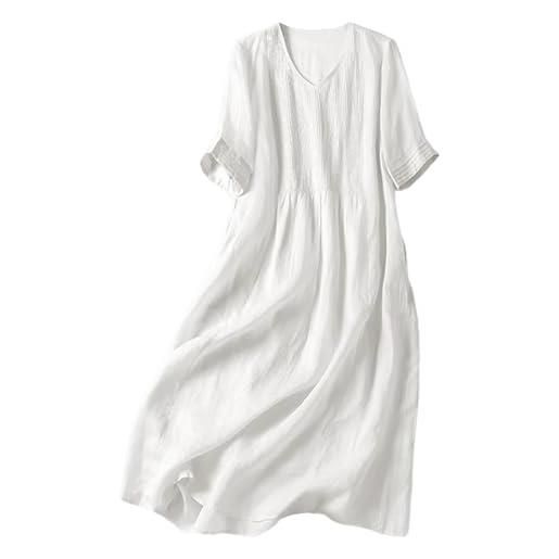 Generic vestito lungo estivo da donna in cotone e lino, a trama aperta, a vita alta, a mezza manica, con bottoni, a vestaglia midi, bianco, m