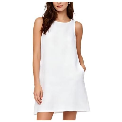 Amazhiyu abito in lino da donna, estivo, in puro lino, casual, senza maniche, girocollo, con tasche, s-xl, bianco, xl