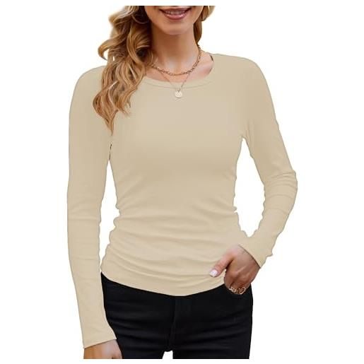 DUOEASE maglietta donna maniche lunghe slim fit maglia donna elegante collo rotondo soft basic beige-l