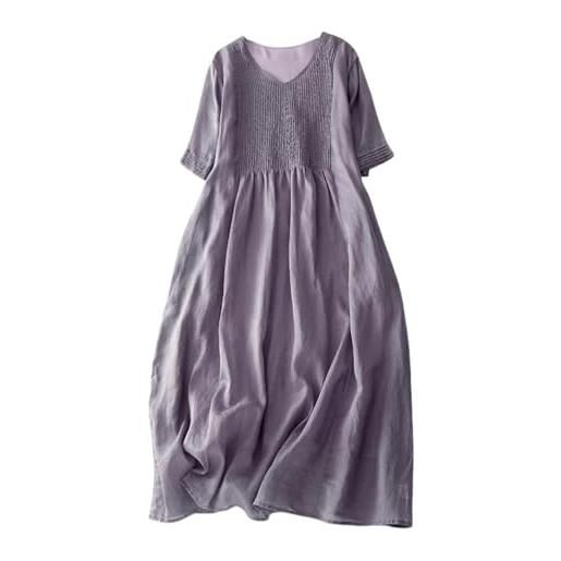 FM2018XSL vestito da donna estivo manica corta scollo v largo elegante abito midi con tasca vestito plissettato, m, viola
